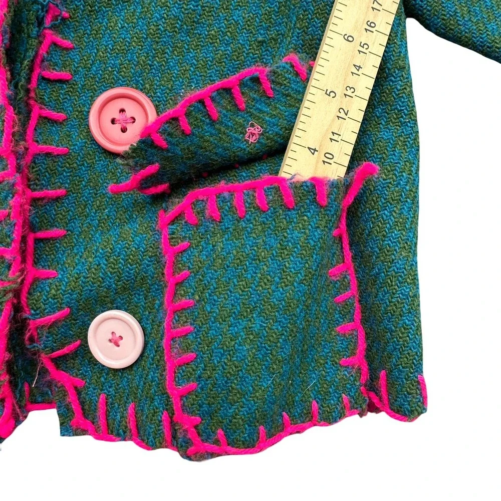 Harris Tweed Trench Coat Size 5 Green Pink Thrift Flip Virgin Wool Front Button